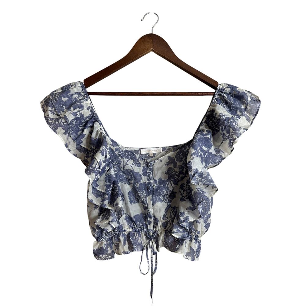 LoveShackFancy Blue Floral Toile Cotton Silk Ruffle Crop Top Womans S NWOT
